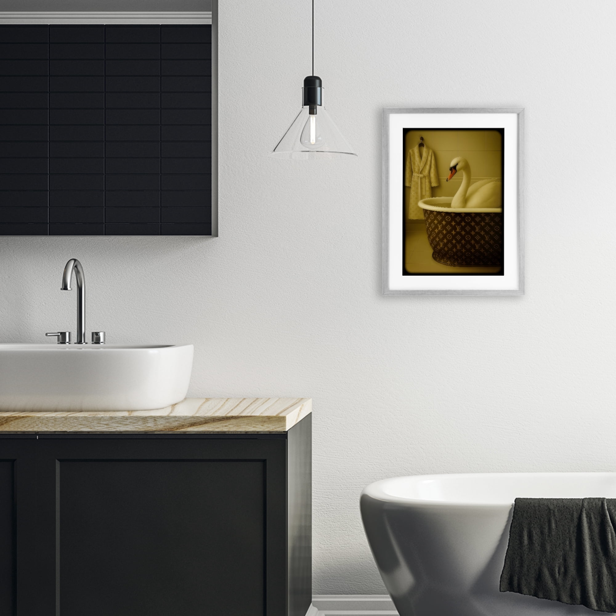 Stupell Industries Couture Swan in Luxury Tub Gray Framed Print Under Glass, design by Grotto Studios