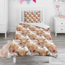 Flower and Highland Cow Duvet Cover and Pillowcase Set for Single Bedding, Bedroom Accessories for Kids Teens