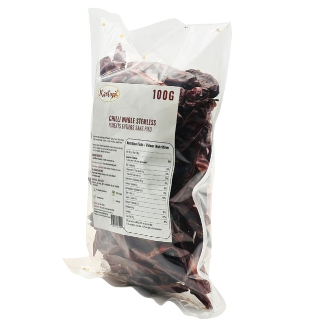 Kasturi Piment Entier Sans Pied – Piments Rouges Secs / Épice Pure Naturelle / Végétalien Non OGM / Piment Séché Sain pour la Cuisson / Épice Indienne Entière (100 Grammes)