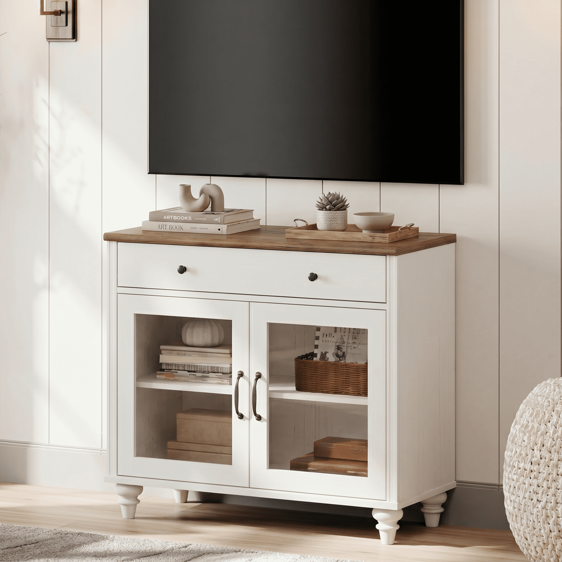 Farmhouse TV Stand For 43 Inch TV With Glass Doors And Drawer, Wood Universal TV Stand With Storage Cabinets, Entertainment Center TV Console Table For Living Room, Bedroom, White