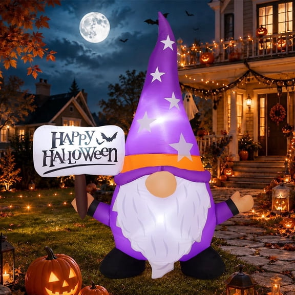 COMIN 5 FT Tall Halloween Inflatable Gnome Holding Happy Halloween Sign Outdoor Blow Up Gnome with Built-in LED Lights for Garden Patio Porch Holiday Party