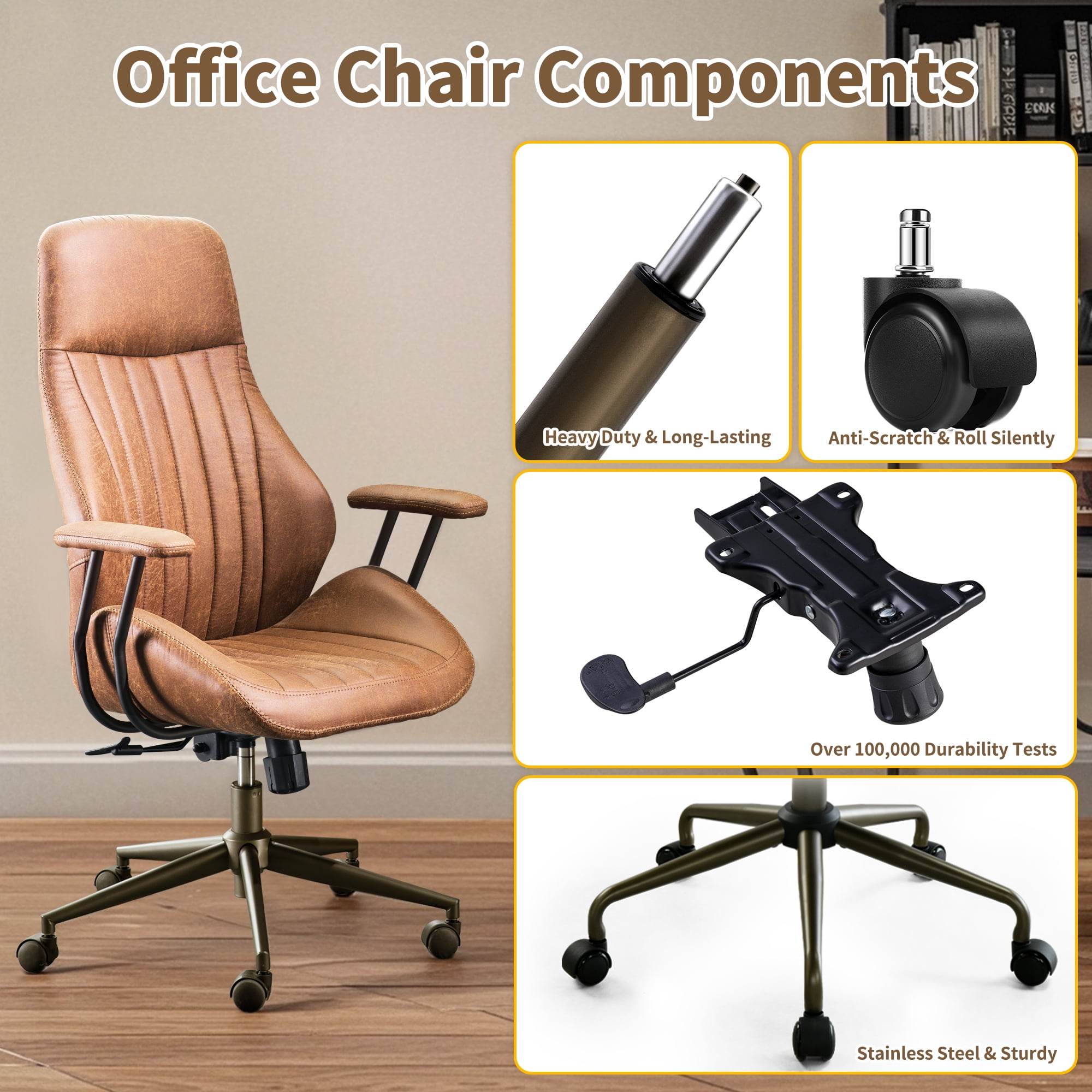 Toject Ergonomic Office Chair, High Back Comfy Home Office Chair with Lumbar Support, Mid-Century Modern Computer Executive Desk Chair with Padded Armrests (Suede Leather, Brown)