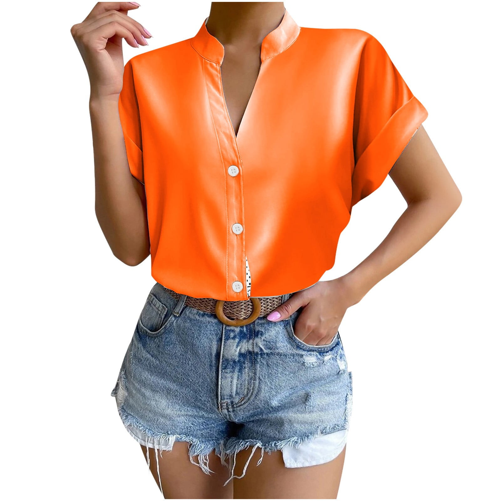 Jyanl Womens Short Sleeve Shirts V Neck Summer Tops Casual Button Down Shirts Cute Dressy Office Work Blouse Tunic Tops, Black, X-Large