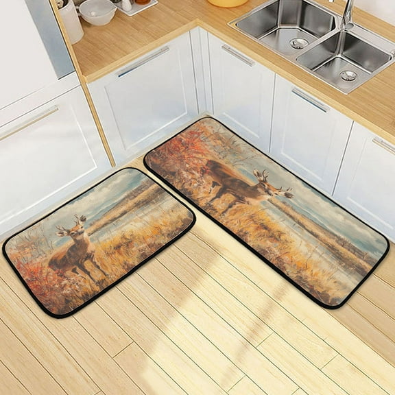 Kitchen Rugs and Mats【2 PCS】Non Skid Mule Deer Stand by Lake Creative Kitchen Mat