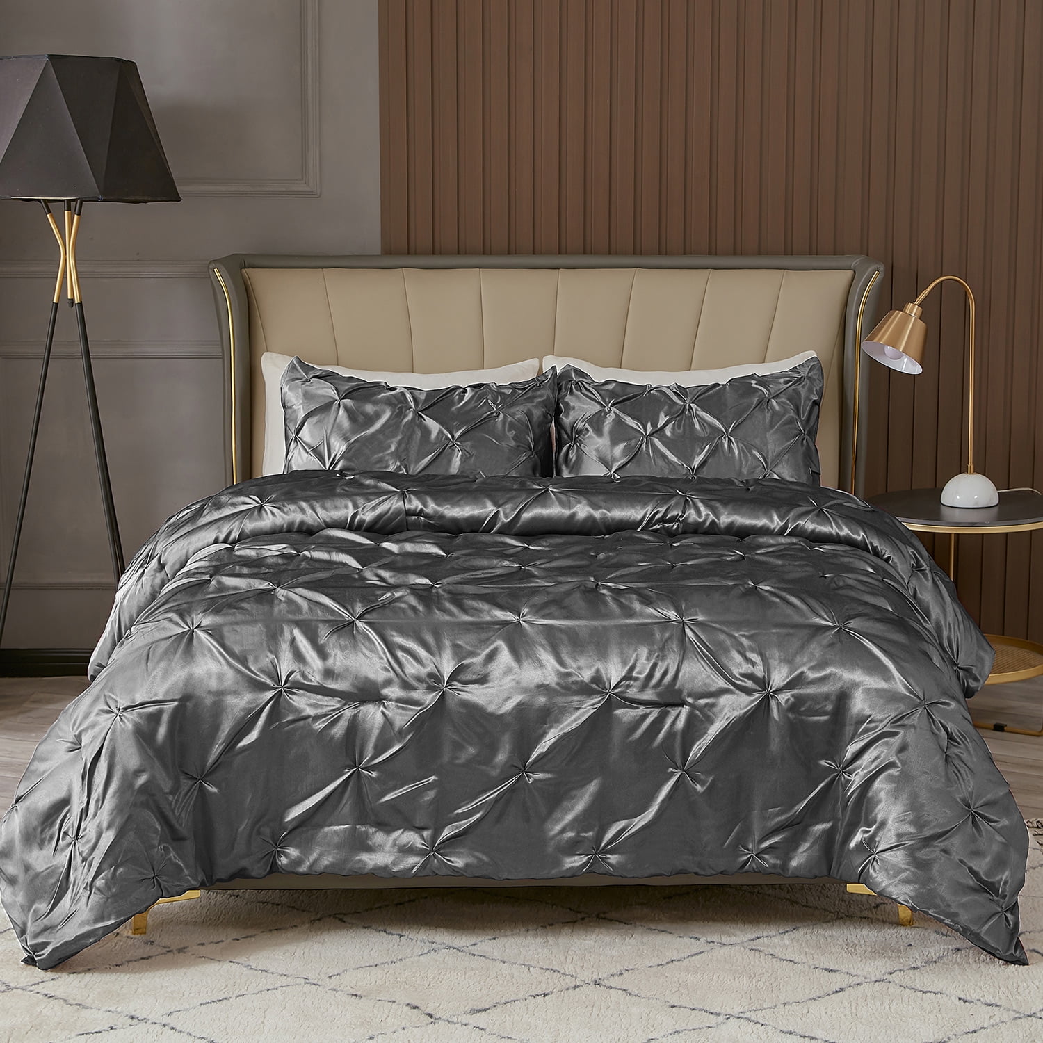 MR&HM Satin Comforter Queen Set 3pcs, Pintuck Beddding Sets with