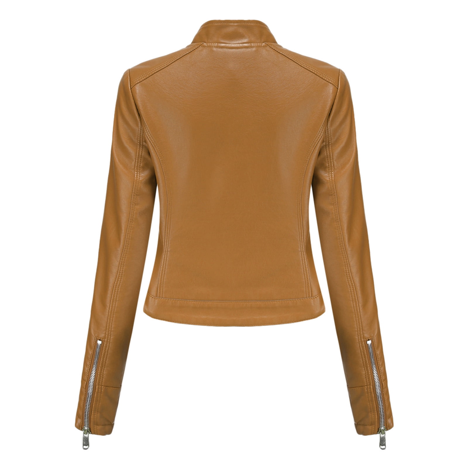 BLTIBY Women's Faux Leather Jackets, Spring Fall Zip Up Black Stand Collar Motorcycle Short PU Moto Biker Outwear Fitted Slim Coat Coffee L