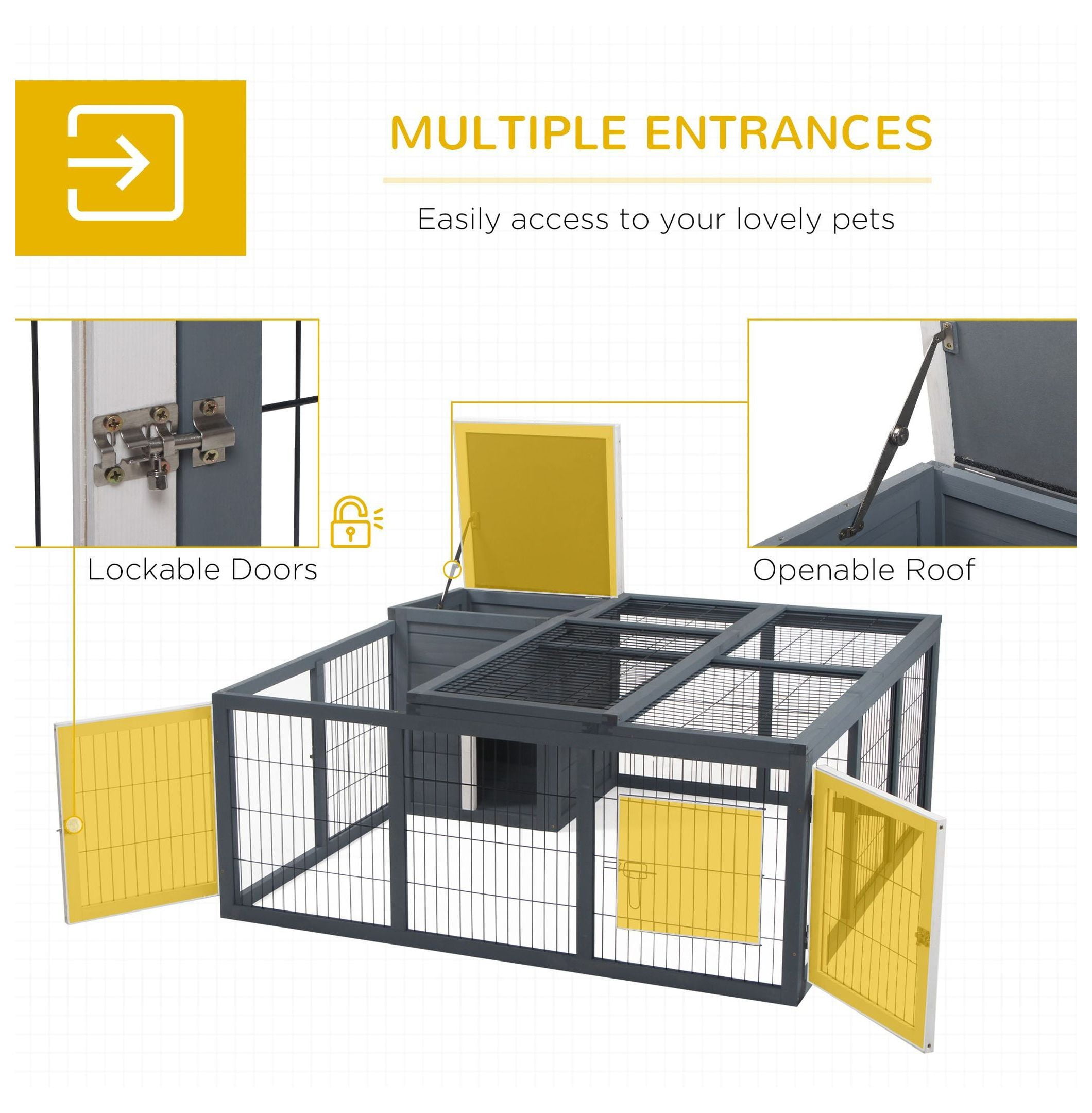 Bunny Hutch Rabbit Cage with Openable Main House, Durable Waterproof Pet House for Rabbits Guinea Pigs, Three Ventilation Doors Design, Gray