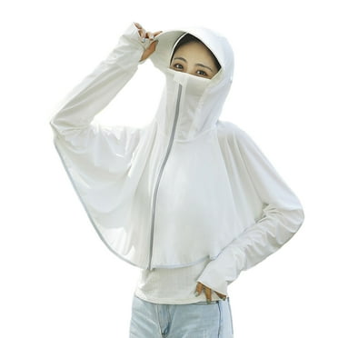 White Women Sun Protection Clothing Ice Silk Sun Protection Zip Up Hoodie Jacket Long Sleeve Shawl