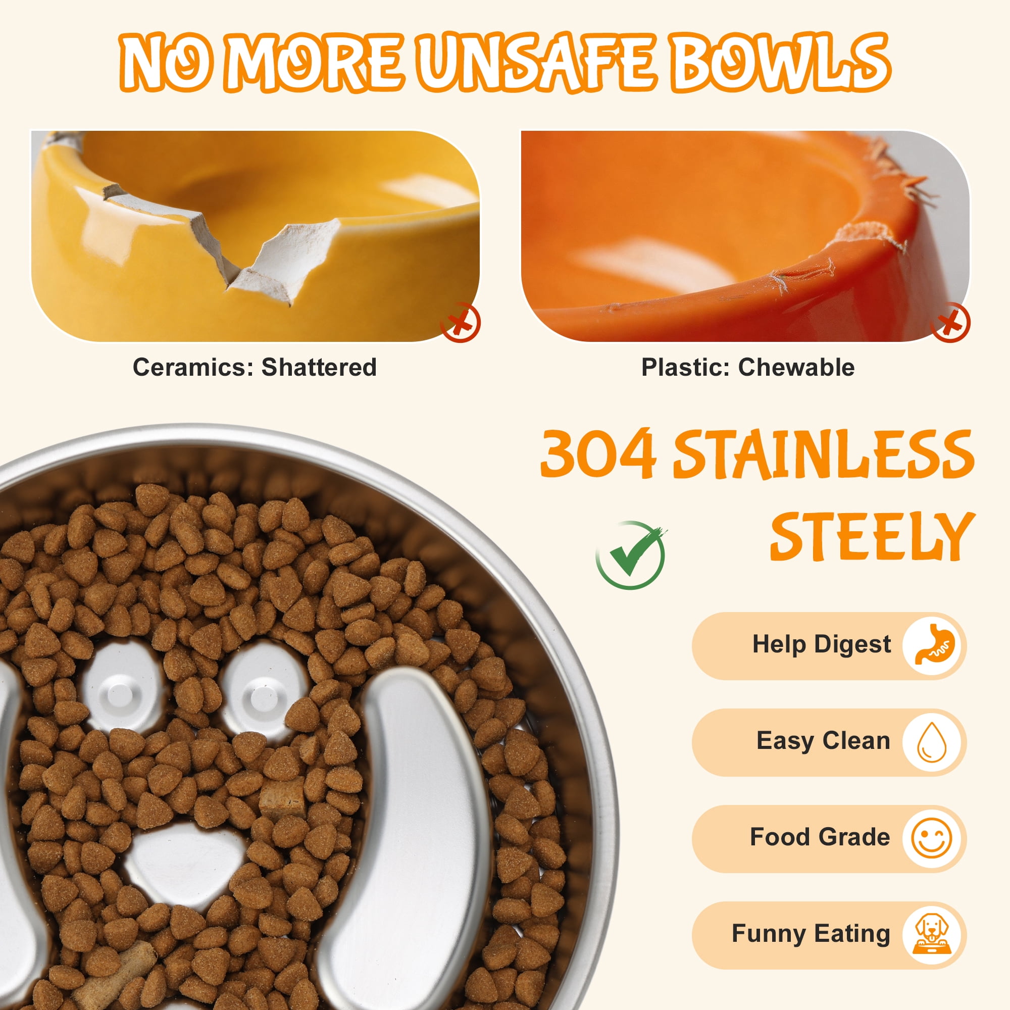 Unique Bargains Elevated Dog Bowl Stand Stainless Steel Slow Feeder Dog Bowl with Non-Slip Base Slow Down Eating for Dogs Silver Tone 1 Set [Dog Face Pattern]