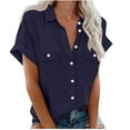 thumbnail image 4 of Women Solid Color Lapel Breasted Double Pocket Short Sleeved Shirt Top Short Sleeved V-neck Top/shirt, 4 of 9