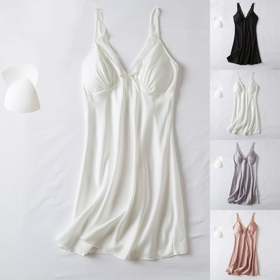 Aboser Nightgown with Built in Bra for Women Silk Satin Pyjama Dress Soft Sleeveless Short Sleepshirts Solid Color Full Slip Loungewear Casual Padded V Neck Chemise Lingerie Dress
