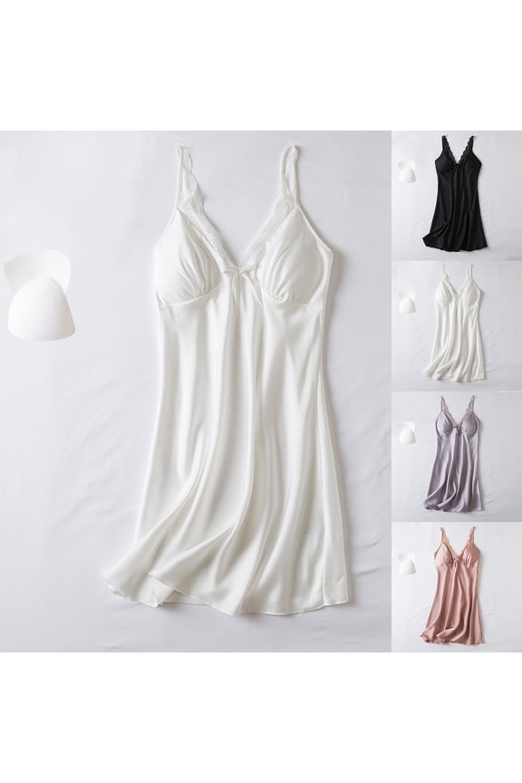 Nightgown with Built in Bra for Women Silk Satin Pyjama Dress Soft Sleeveless Short Sleepshirts Solid Color Full Slip Loungewear Casual Padded V Neck Chemise Lingerie Dress
