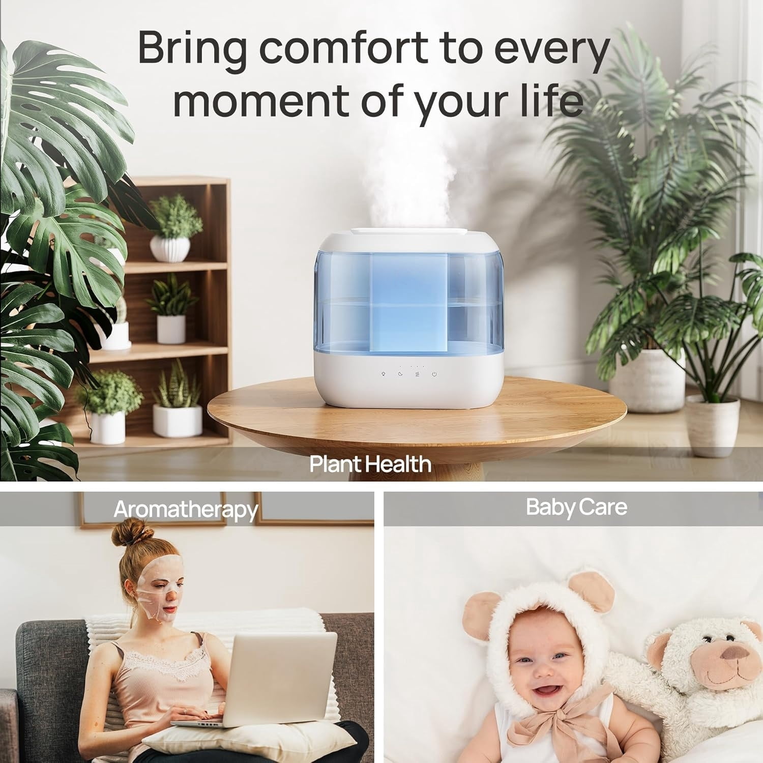 Humidifiers for Bedroom, 4L Top Fill for Large Room, 36H Runtime, 28 dB Quiet Supersized Cool Mist Air Humidifier for Baby Nursery, Plants, Indoor, Night Light, Easy to Clean & Fill, Blue
