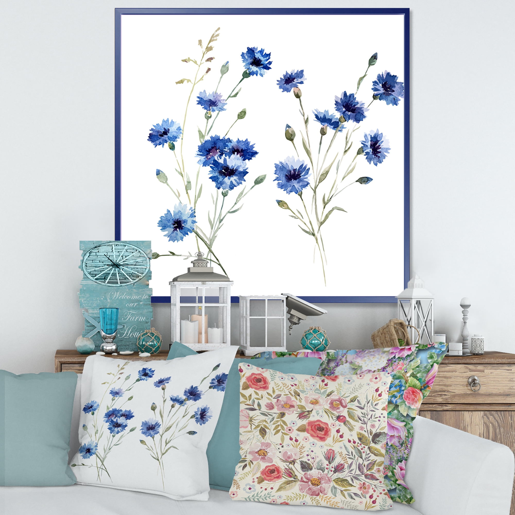 Designart 'Blue Cornflowers With Green Leaves On White III' Traditional Framed Canvas Wall Art Print