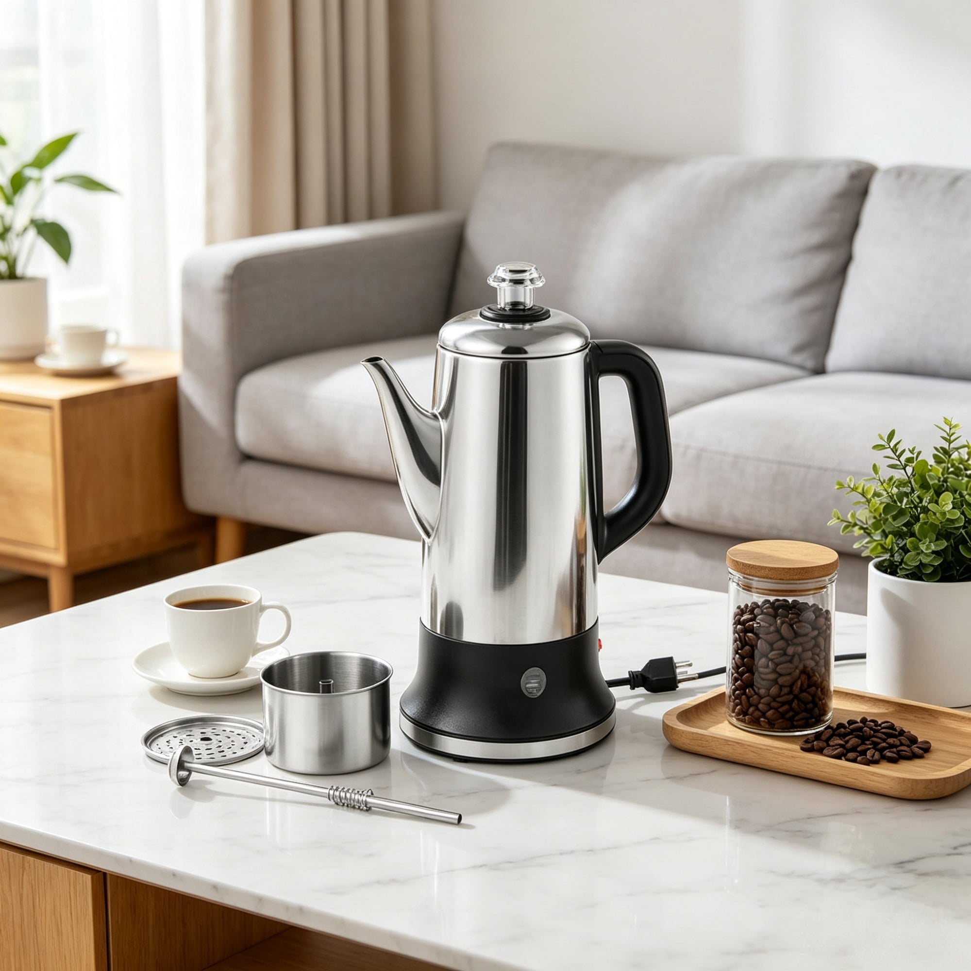 12-Cup Electric Percolator Coffee Pot, Coffee Maker with Keep Warm Function & Heat-Resistant Handle, Silver