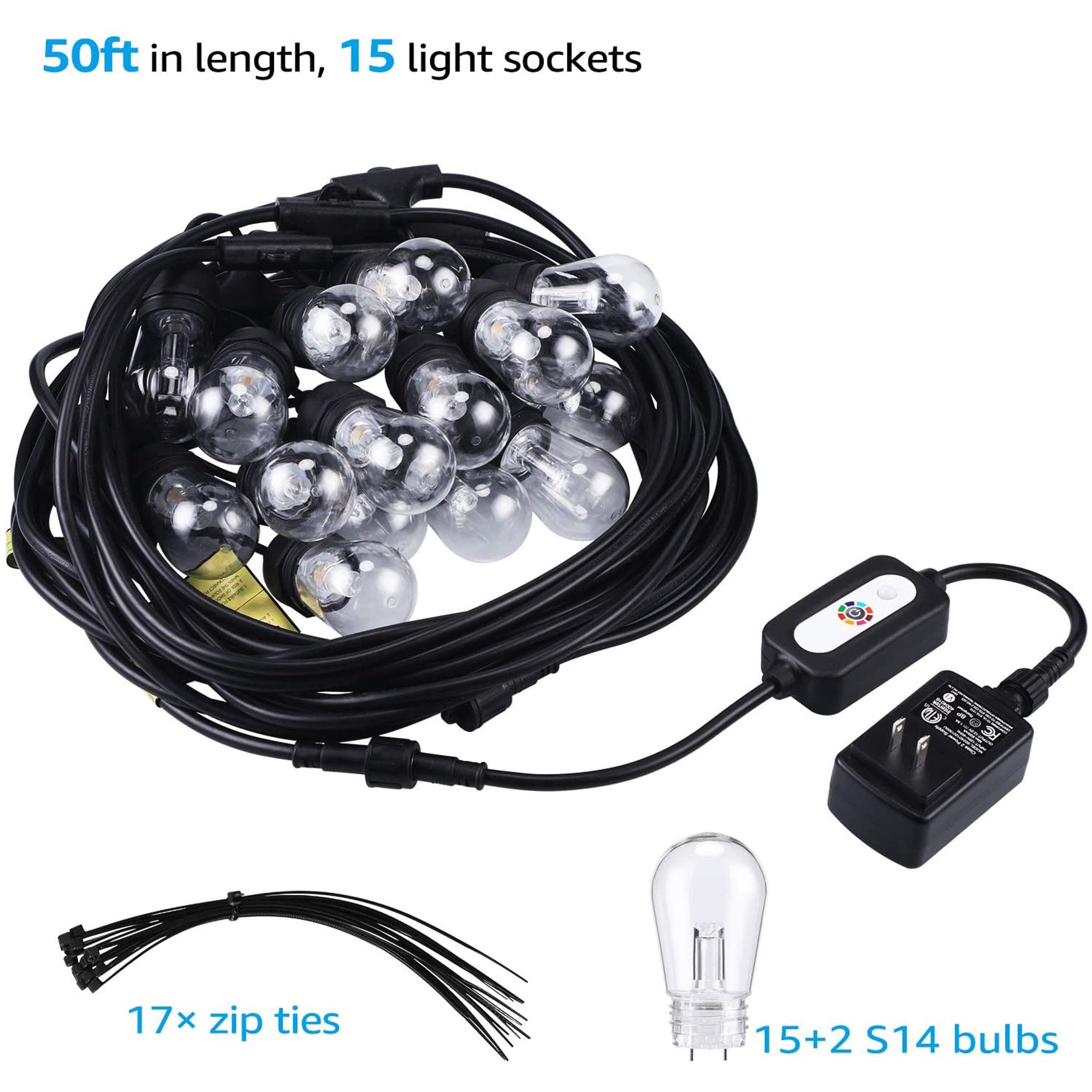 TorchStar 50ft RGB LED Outdoor String Lights, Weatherproof Patio String Light for Party, Restaurant, Garden, Patio Lights, 15 Sockets, 17 Bulbs Included