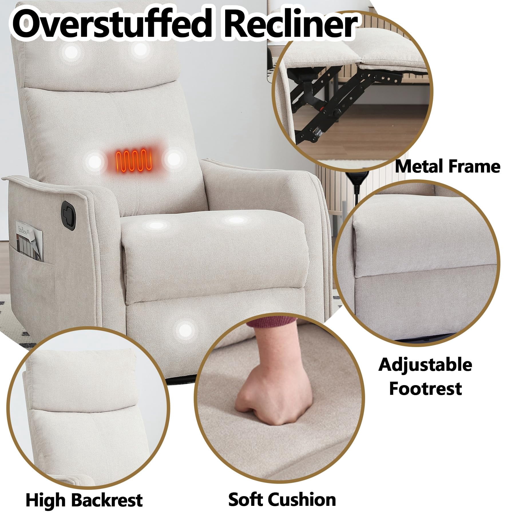 CARZZI Massage Chair Recliner with Heat, Swivel Rocking Chair Recliner with High Back, Manual Lazy Boy Recliners for Adults,Small Recliner Chair for Small Spaces, Living Room Bedroom, Fabric (beige)