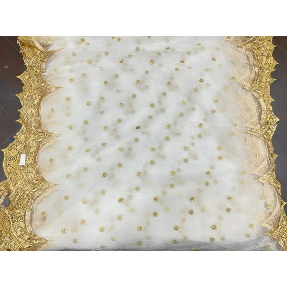 Net Embroidered Fabric Ivory with Gold borders on either side 36" wide