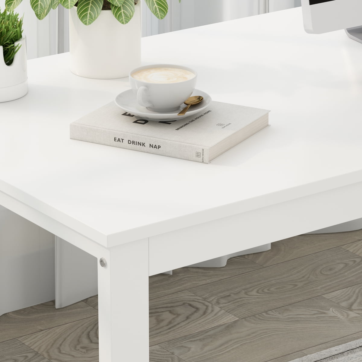 MONSLIPA L Shaped Desk with Storage Shelf and 3 Drawers, 55" Home Office Corner Office Writing Desk Study Workstation Table, White