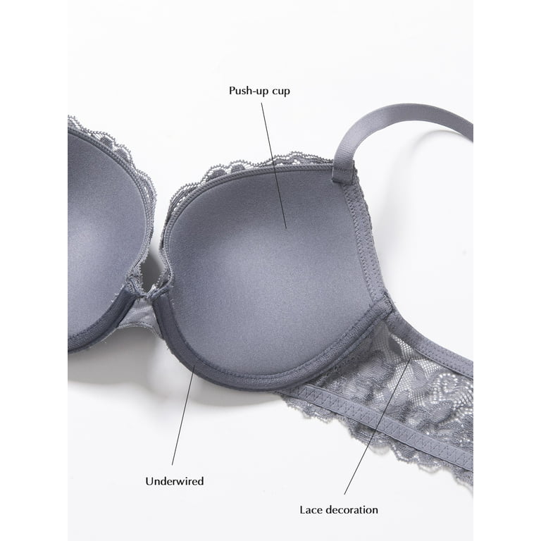 Deyllo Women's Sexy Lace Push Up Padded Plunge Add Cups Underwire Lift Up  Bra, Unique Gray 38C