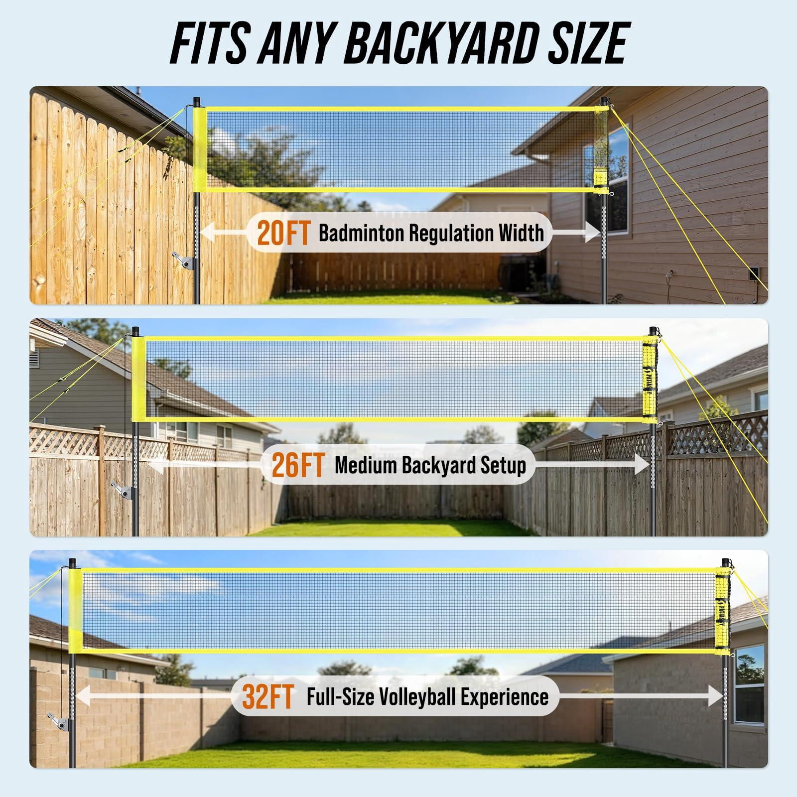 Volleyball Badminton Net Set Combo For Backyard Beach  2-in-1 Adjustable With 4 Heights (5.1-8ft) & 3 Widths (20-32ft) 4 Aluminum Rackets Goose Shuttlecocks Carrying Bag
