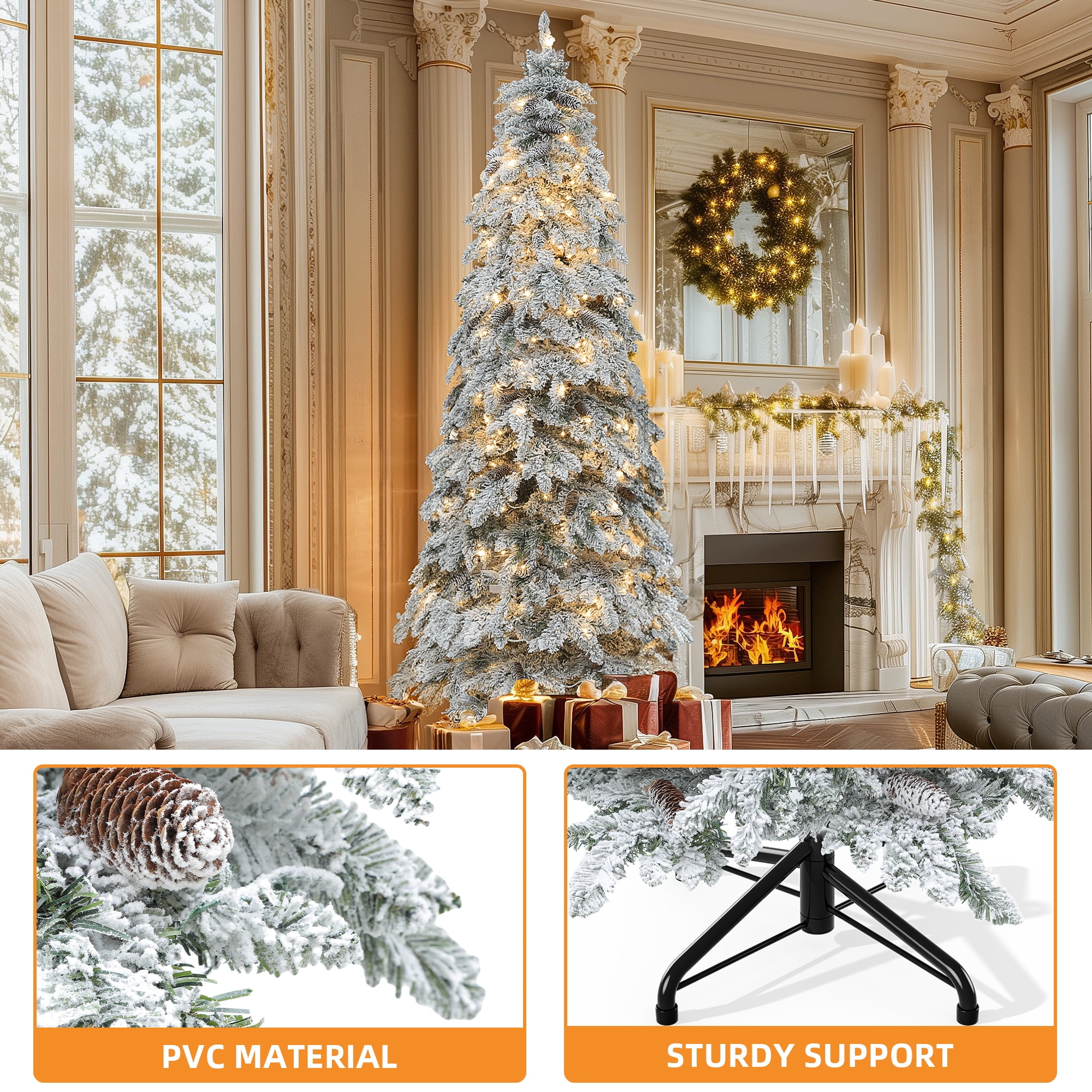 Uforic 7.5ft Snow Flocked Pencil Spruce Artificial Christmas Tree with Pinecones,Pre-Lit Holiday Christmas Pine Tree with with 800 Branch Tips,350 Lights, for Home, Office and Party Decor
