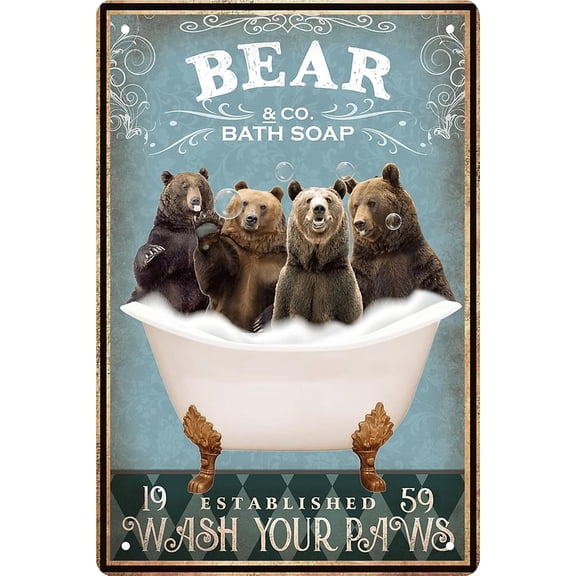 Funny Bear Decor Vintage Bathroom and Bathtub Metal Tin Sign Decor Bear Pet lovers Gift Farm Home Bar Bathroom Man Cave Retro Wall Art Poster Sign Accessories 8x12 In