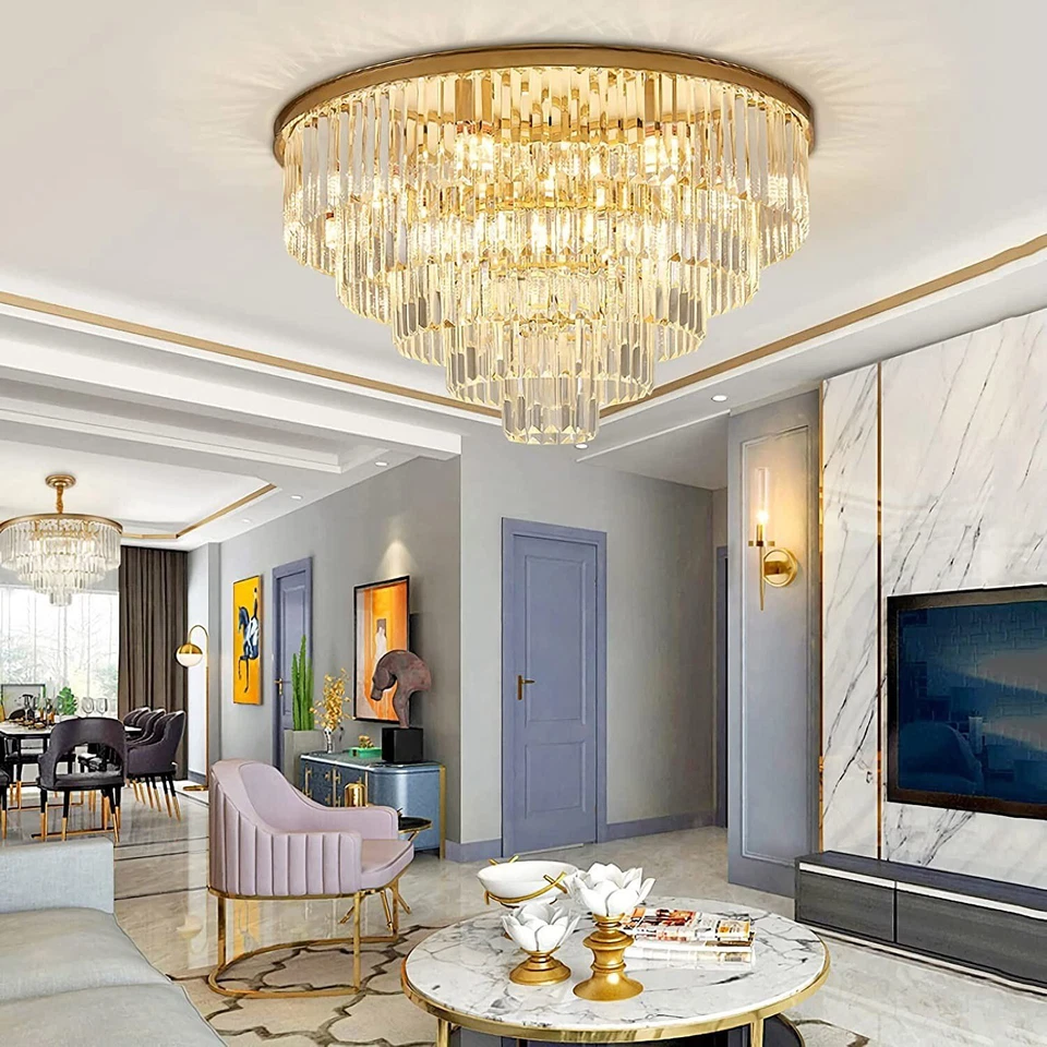 31.5" Round Postmodern Crystal Flush Mount Ceiling Light with Remote - 5-Tier Transparent K9 Prisms & Gold Iron Finish for Living Room/Bedroom