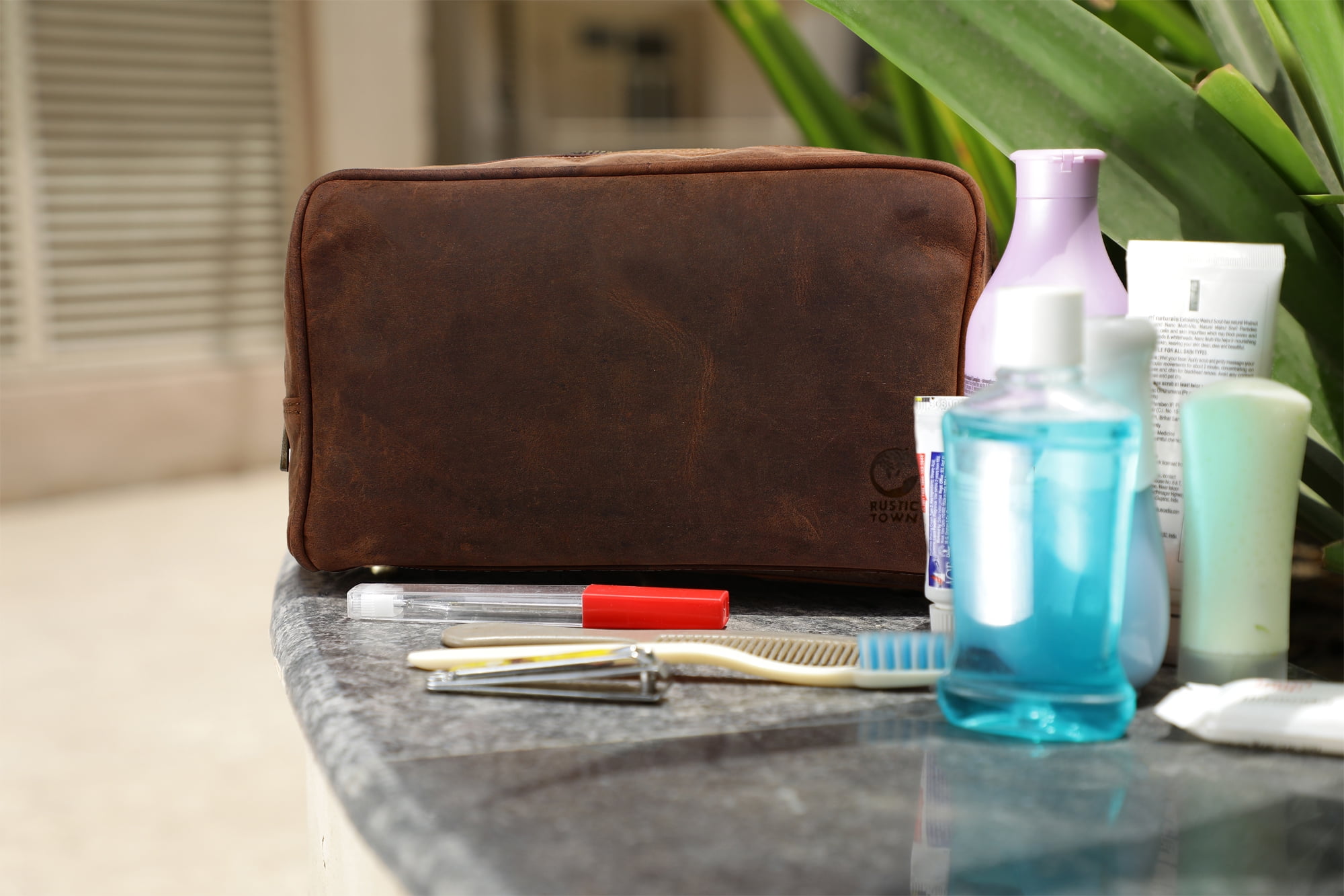 Leather Toiletry Bag for Men Women Hygiene Organizer Travel Dopp Shaving Kit Cosmetic Makeup Bag by Rustic Town