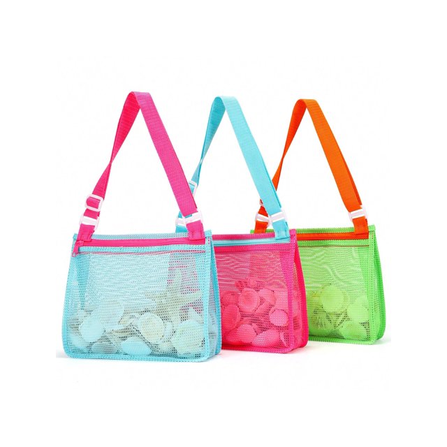 Beach Toy Mesh Beach Bag Kids Shell Collecting Bag Beach Sand Toy Seashell Bag Swimming Accessories For Boys And Girls(Only Bags,A Set Of 3)