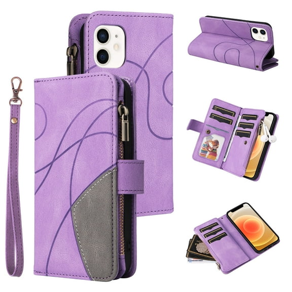 Multifunctional Case for iPhone 11,[RFID Blocking] 9 Credit Cards Holder with Wrist Strap, Premium PU Leather Zipper Wallet Purse Magnetic Flip Phone Cover For iPhone 11, Purple