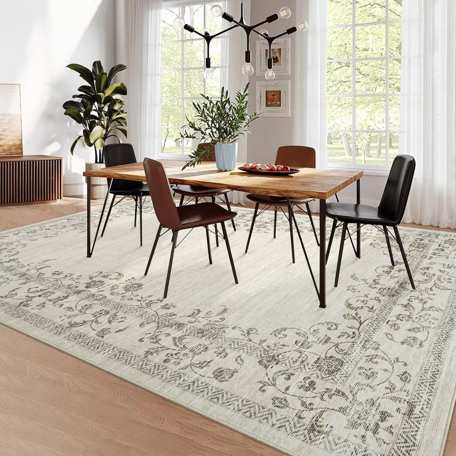 GlowSol 9'x12' Modern Floral Area Rug Border Rugs for Living Room Bedroom Farmhouse Non Slip Low Pile Area Rug for Dining Room Home Office, Beige