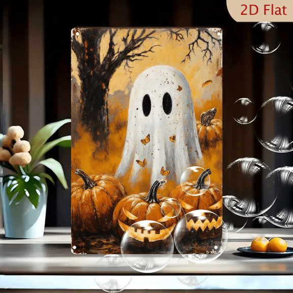 Halloween Vertical Wall Art 8x12 Inches Metal Print, Spooky Jack-O-Lantern Pumpkins with Glowing Eyes and Smiling Ghost on Dark Autumn Tree Background