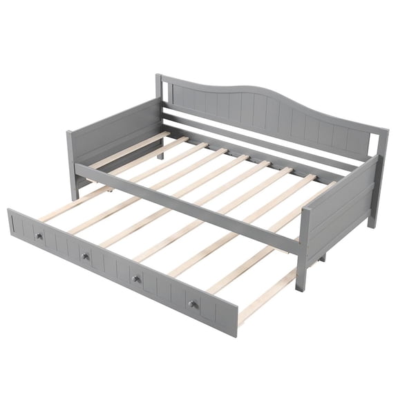 Spaco Twin Size Daybed, 2-in-1 Sofa/Bed with Trundle, Rolling Wheels & Knobs, Plywood Slats Support, Curved Backrest & Armrests, Gray