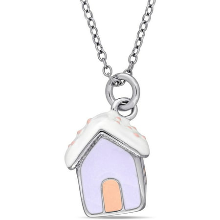 Cutie Pie Sterling Silver Kids' Dog House Pendant with Pink and White Enamel, 14 with 2 Extension