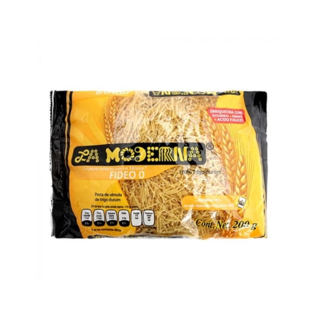 pack de 20 sopa de pasta la moderna fideo #0 de 200 gr paquete frontal con fideo delgado amarillo visible, empaque amarillo y negro con logo La Moderna, leyenda 100% sémola de trigo durum y enriquecida con vitaminas; vista centrada sobre fondo blanco.