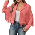 thumbnail image 2 of Suede Cropped Fringe Jacket for Women Long Sleeve Slim Fit Tassel Notched Lapel Motorcycle Jacket Outerwear, 2 of 6