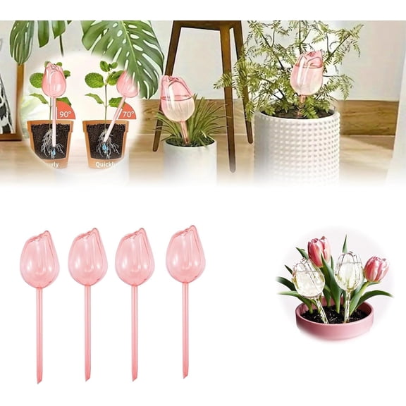Plant Watering Globes - 4 Pack Plant Watering Globes Tulips,Self Watering Planter Insert with Waterings Spikes,Glass Watering Bulbs for Indoor & Outdoor Plants