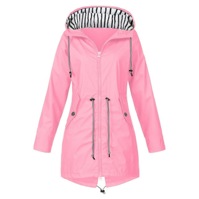 Kcodviy Womens Rain Jacket with Rain Jacket Women Plus Size Hood Lightweight Long Sleeve 90's Retro Jacket Windbreaker Zip Up Drawstring Jacket Retro Raincoat with Pockets