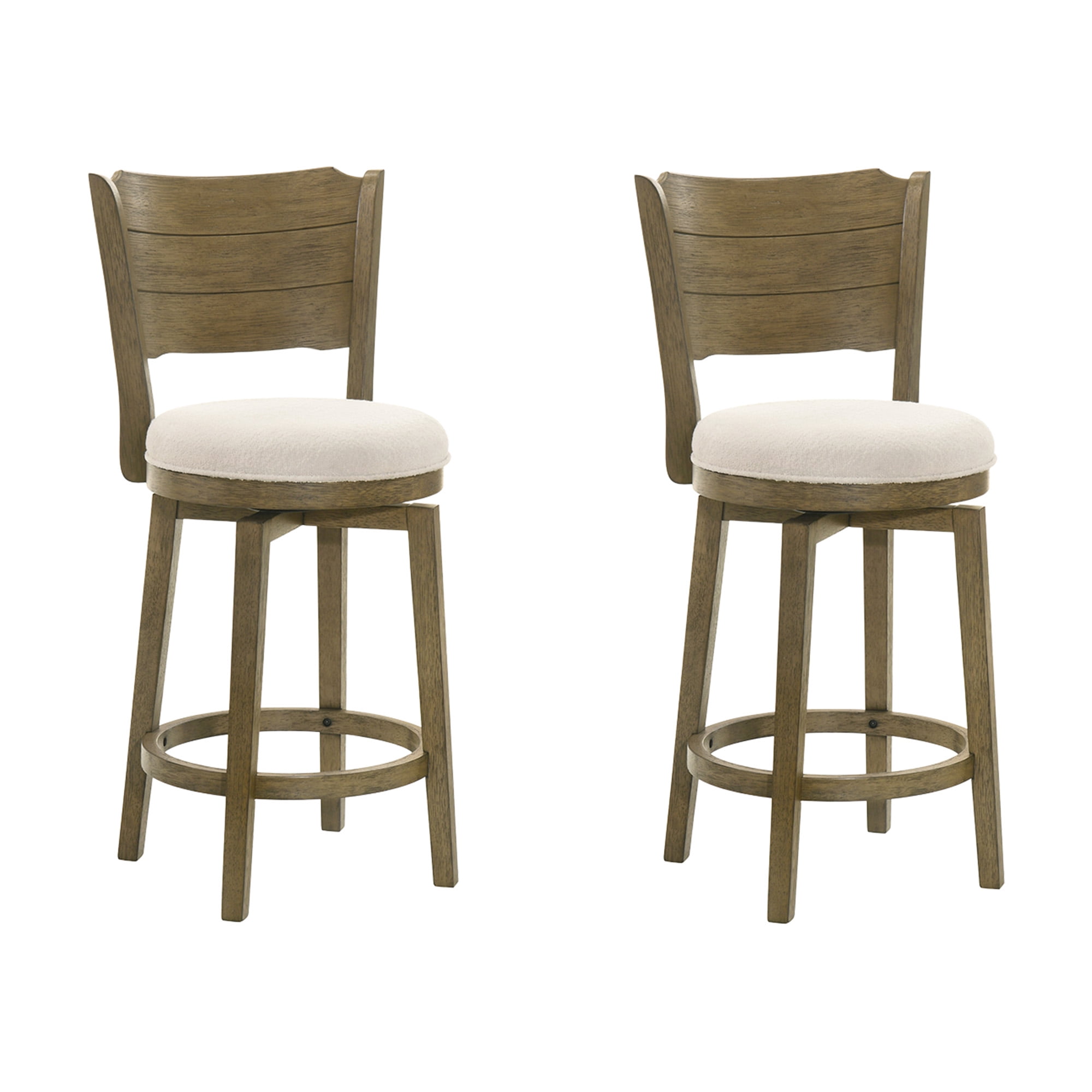 Winsley Coastal Modern Swivel Wood Counter Height Kitchen Bar Stool in Putty Brown Finish with White Boucle Fabric Upholstered Seat - Set of 2