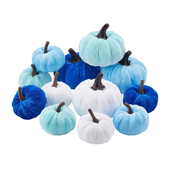 Artificial Pumpkins, Blue Pumpkins Fall Decor, Velvet Pumpkins, Halloween Pumpkin Decorations, Thanksgiving Decor, 12-Piece Assorted Blue & White Faux Flocked Pumpkin Set for
