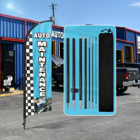 QSUM Auto Maintenance Advertising Swooper Flag Sign Auto Maintenance Feather Flag Pole Kit with Ground Spike 8.2Ft Advertising Feather Banner Sign for Auto Maintenance Business