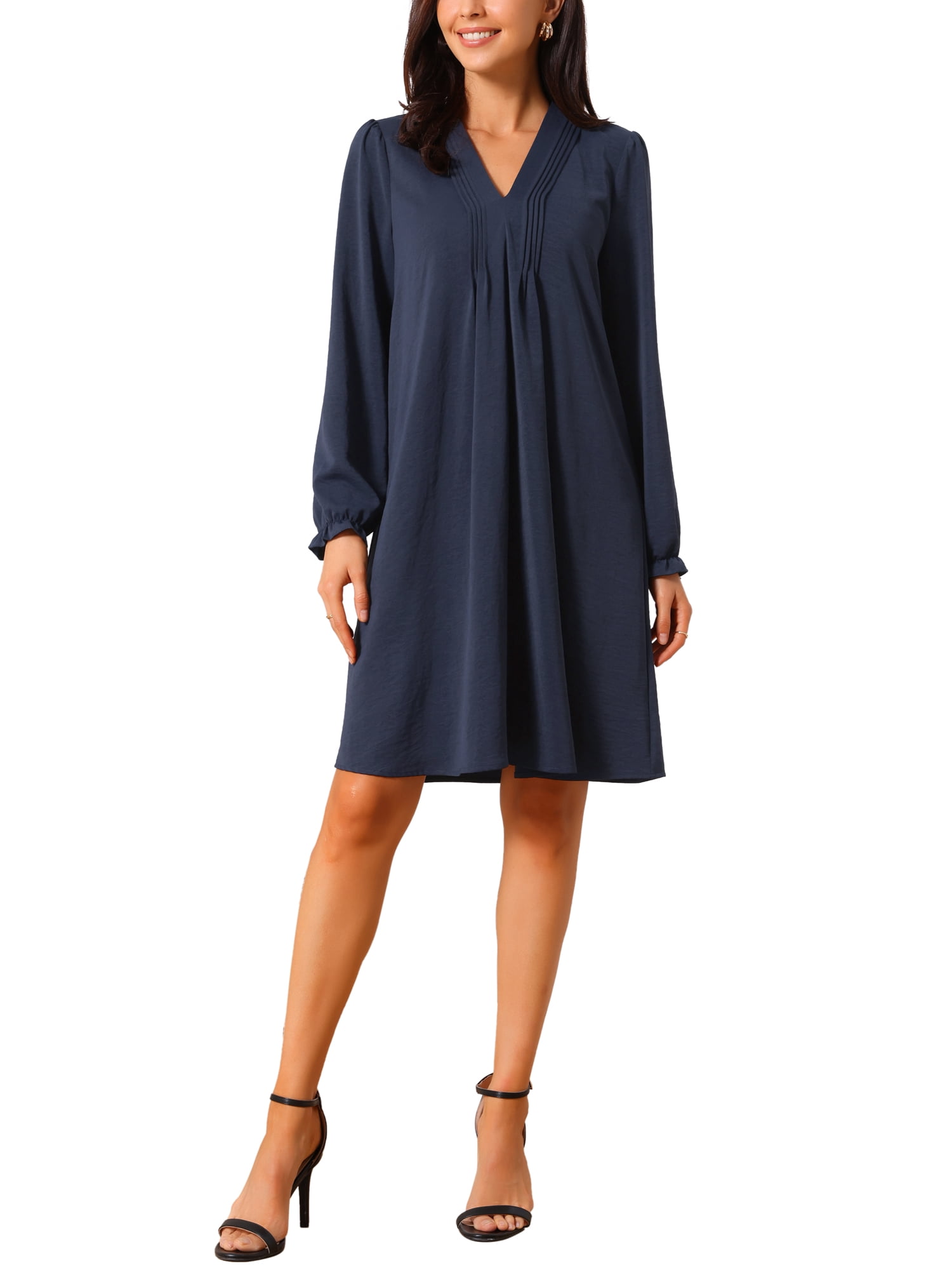 DARING DIVA Women's Casual Knee Length V Neck Pleated Flowy Shirt Dress S Dark Blue