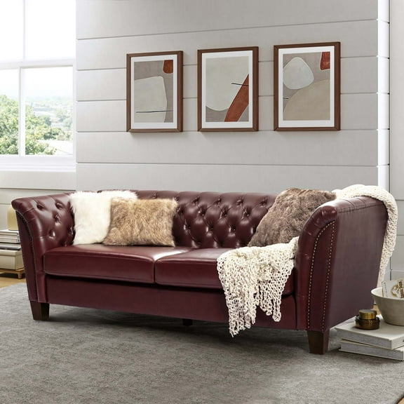 82.5" Genuine Leather 3-Seat Sofa Modern Chesterfield Couch for Apartment, Burgundy