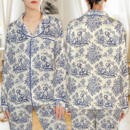 Lotusprinthandmade Chinoiserie Dachshund Dog Graphic All-over Print Satin Pajamas Set (4XL) Floral Print Cozy Sleepwear for Dog Lovers