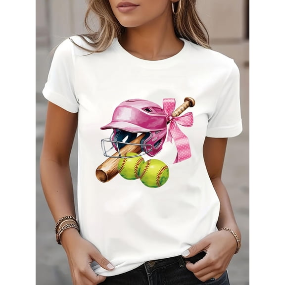 womens casual short sleeve t shirt with vibrant geometric baseball graphic print stretchy round neck machine washable spring summer essential for sports casual attire
