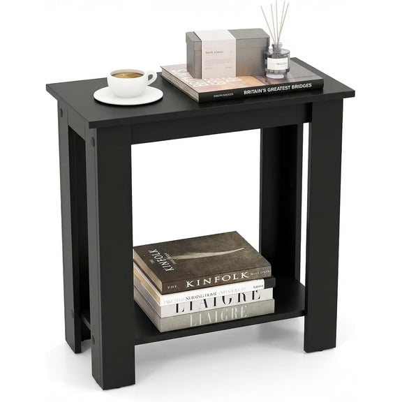 WDZS Narrow End Table, 2-Tier Side Table with Open Storage Shelf, Retro Wood Sofa Table Bedside Tables for Small Spaces, Slim Nightstand for Living Room, Bedroom, Easy Assembly, Black