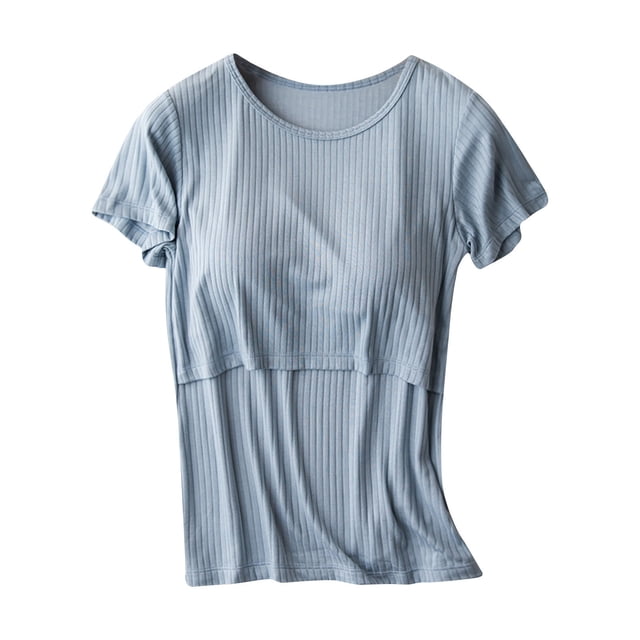 Penkiiy T-Shirts d'Allaitement pour Femmes, Manches Courtes, Col Rond, T-Shirts, Blouse Multifonction, Chemise Post-Partum Unie, Bleu, pour L