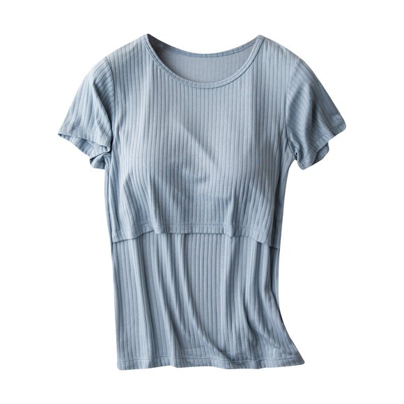T-shirts d'Allaitement en Coton pour Femmes, Été, Manches Courtes, Côtes, Maternité, Col Rond, Vêtements de Grossesse (Grand, Bleu)