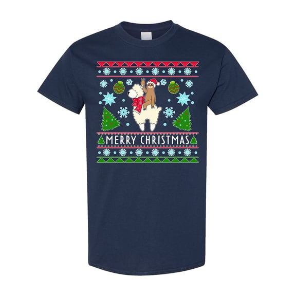 Inktastic Merry Christmas Sloth and Llama Ugly Sweater Style T-Shirt